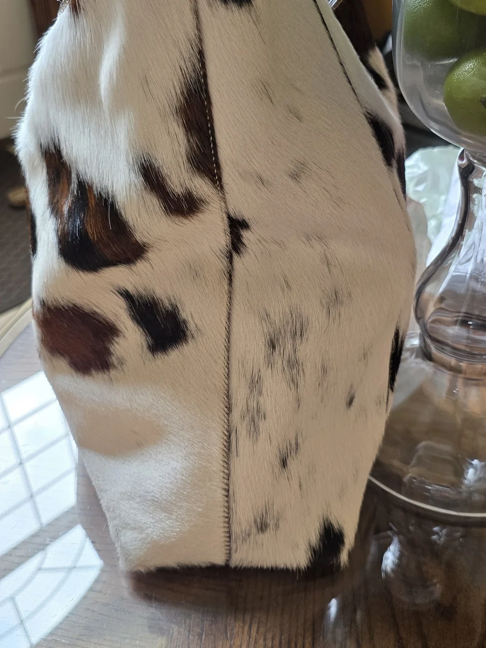 Cowhide Calvacanti Shoulder Tote in White and Chocolate Brown.